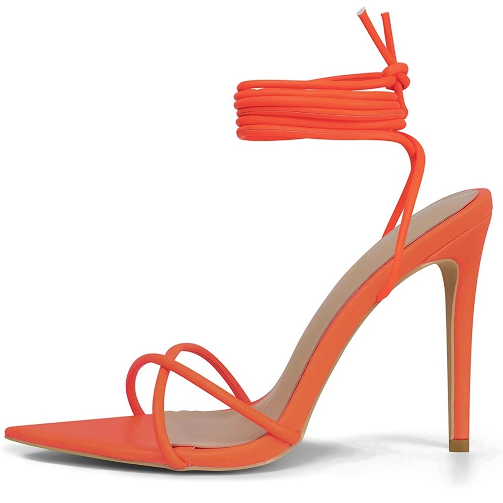 ORANGE POINTED STRAPPY HEELED SANDALS